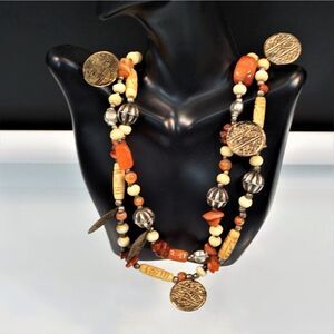 Vintage Polished Stones Agate Quartz Bovine Carved Beads Double Strand Necklace